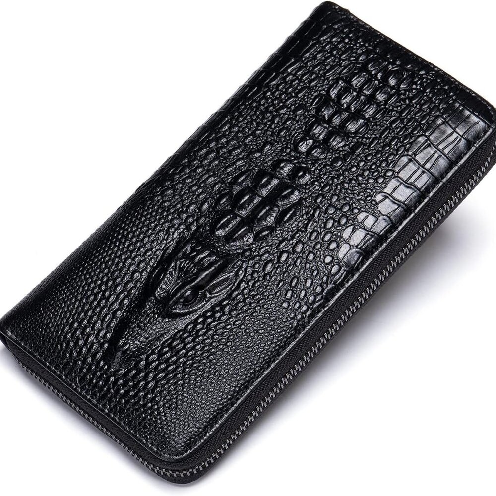 Alligator Crocodile Zip Around Wallet Clutch Wristlet Black Vegan Leather - Picture 3 of 8